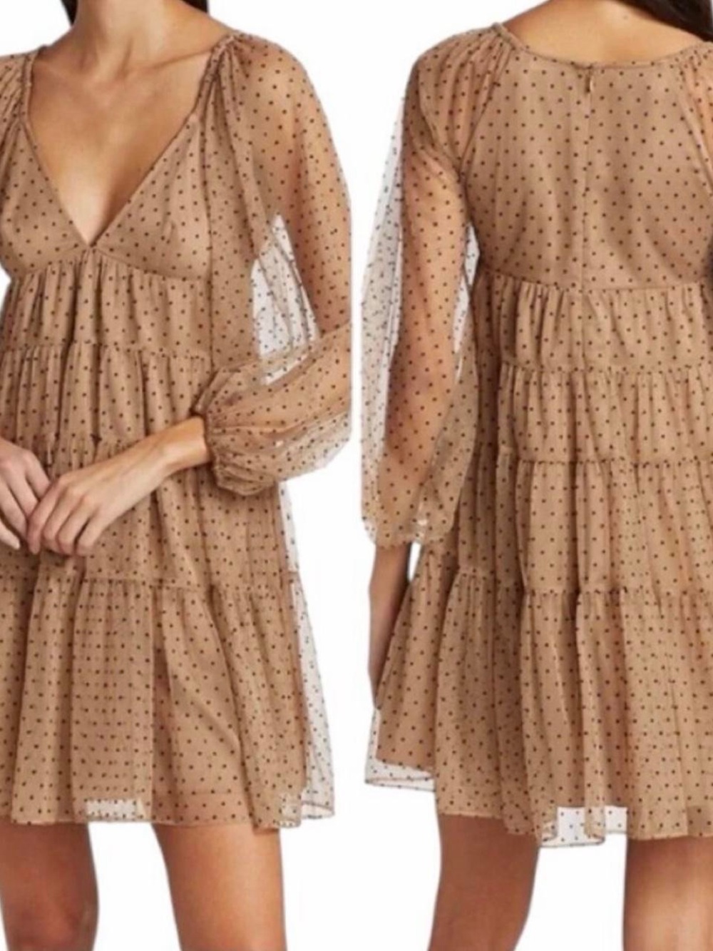 STAUD Beige Mesh Polka Dot Tiered Mini Dress